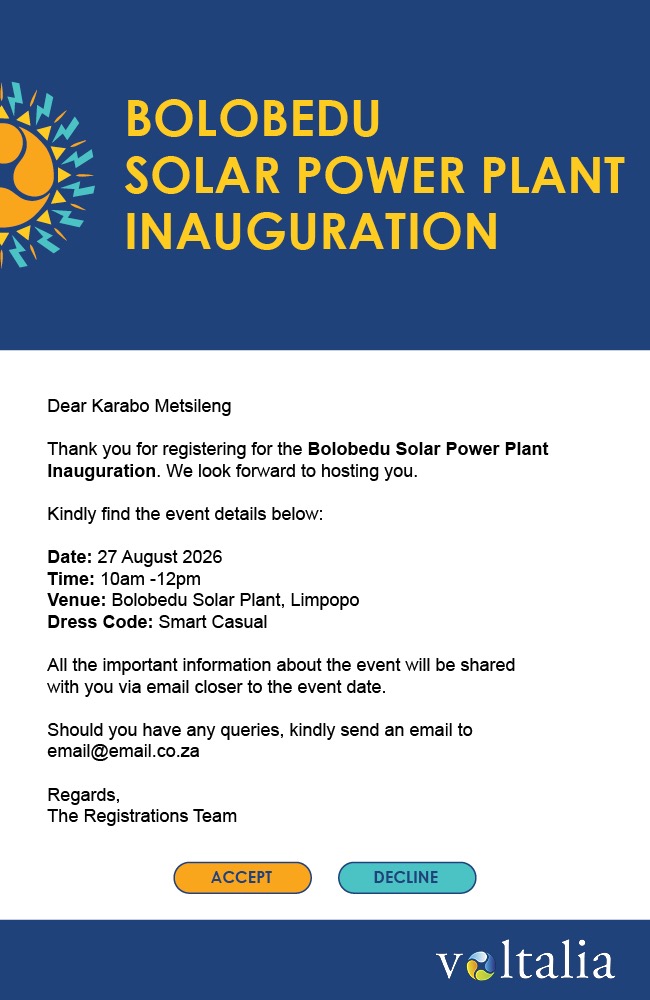 Bolobedu Solar Power Plant Inauguration registration confirmation page with event details and Accept and Decline buttons.
